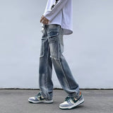 Cargo Jeans Men Fashion High Street Popular American Style Raw Edge Patchwork Gradient Color Spring Autumn Teenagers Temperament