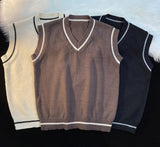Sweater Vest Men Spring V-neck Japanese Vintage Striped College Knitted Fashion Loose All-match Ins Sleeveless Simple Clothing