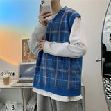 Sweater Vest Men Japanese Plaid V-neck Knitwear Fashion All-match Sleeveless Spring Soft Ins Clothing Classic Minimalist Stylish