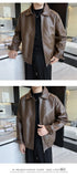 New Autumn Men's Casual Textured PU Leather Jacket High Street Zip-up Turn-down Collar Solid Color Long Sleeve Retro Coats M-3XL