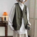 Japanese Trendy Couple Loose Jacket Retro Interface Bag Work Vest Sleeveless V-neck Vest Handsome Cardigan Aesthetic Urban Chic