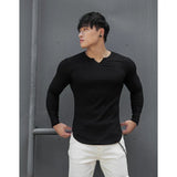 Tops Slim Fit T Shirts for Men Black Running Male Clothes Gym Tight V Neck Oversize Big Size Elasticity Korean Luxury Casual New