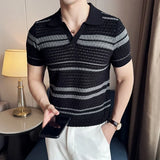 Men Polo Shirt Summer New Thin Knitted Striped Jacquard Patchwork Color Short Sleeved Casual V-neck T-shirt Men Clothing