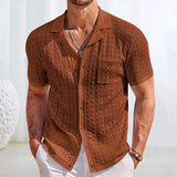 Vacation Seaside Beach Casual Shirts Mens Knitting Short Sleeve Button Lapel Knit Shirt Men Summer Fashion Knitted Texture Shirt