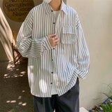 Autumn New Striped Shirt Handsome Long Sleeve Pocket Design Men's Clothing Button Loose Streetwear Casual Korean Autumn