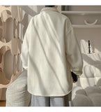 White Long Sleeved Shirt Men Fashion Black Casual Shirt Men Streetwear Korean Loose Pleated Shirt Mens Ice Silk Shirts M-3XL