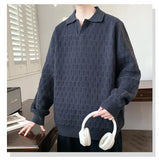 Korean Style Men's Polo Sweater Light Luxury Textured V-neck Knit Long Sleeve Pullover Autumn Casaul Trendy Male Clothing M-3XL