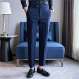 Men's Striped Suit Pants Elastic Autumn New Social Casual Trousers Slim Fit Suit Pants Business Office Wedding Men Clothing