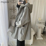 Hooded Trench Men Baggy Zip-up Overcoat Fashion Ulzzang Handsome Daily Pockets Mature Streetwear Personality Spring Autumn Soft