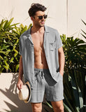 Summer Cotton Linen Shirt Set Men's Casual Outdoor 2-Piece Suit Andhome Clothes Pajamas Comfy Breathable Beach Short Sleeve Sets