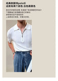 Zipper Knitted Short-sleeved Polo Shirt Men Summer American Retro Commuting Loose Vertical Striped Pit Strip Lapel T-shirt Men