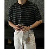 Summer Lapel Short Sleeved T-shirt Men Slim Fit Casual Striped T Shirt Men Streetwear Korean Knitted T Shirt Mens Polo Shirt