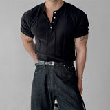 New Fashion Men Henry Collar T-Shirt Leisure Luxury Knit Short Sleeve Tops Korean Style Summer Stretchy Breathable Fitness Tees