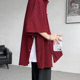 Wine Red Side Buttons Pleated Shirt Black Apricot Harajuku Button Up Korean Short Sleeve Aesthetic Male Shirts Men Blouse