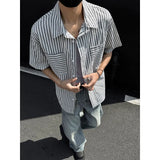 Summer Short Sleeved Shirt Men Fashion Pocket Casual Shirt Men Streetwear Korean Loose Black Striped Shirt Mens Plus Size 5XL