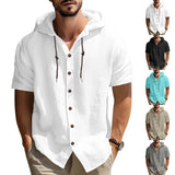 New Casual Solid Color Men's Shirt Summer Street Simple Style Hooded Drawstring Cotton Hemp Cardigan Loose Short Sleeve T-shirt