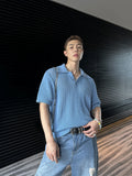 Stylish Refreshing Blue Polo Shirt Hollow Knitted Short Sleeve Summer New Casual All-match T-shirt Top