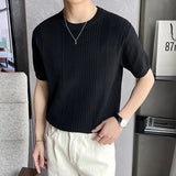 Summer Casual Mens Short Sleeve T-shirts Stretch Slim Fit Crew Neck Pullover Top For Men Fashion Ribbed Solid Color T Shirt
