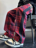 Men's Fashion Plaid Casual Pants Baggy Straight High Street Trousers Elastic Waist Drawstring Classic Male Clothing Trendy Brand