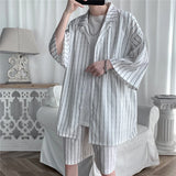 Shirts Shorts Sets Men Striped Design Simple Fashion Ulzzang Oversize Summer New Popular Loose Breathable Student Notched Casual