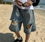 Beach Style Jeans Men Summer Fashion Vintage Hole Design All-match Denim Clothing Gothic High Street Males Trousers Knee Length