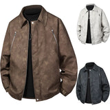 Hot Sale Men's Vintage Motorcycle Leather Jacket Faux Moto Coat Spring Autumn Slim Fit Double Zipper Casual Biker Outwear