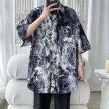 Men Hip Hop Harajuku Shirt Painting Graffiti Color Streetwear Loose Short Sleeve Trend Fashion Beach Shirts Casual Button Tops