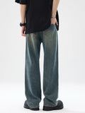 Autumn New Baggy Straight Jeans Men Full Length Washed Distressed Denim Pants High Street Korean Streetwear Male Trousers Black