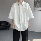 2025 White Texture Short-sleeved Shirts Men Korean Chic All-match Blouses Casual Loose Single Breasted Black Shirt with Tie