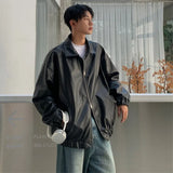 Men's Casual Texture PU Leather Jacket High Street Zipper Turn-down Collar Solid Color Long Sleeve Retro Coat Autumn M-3XL