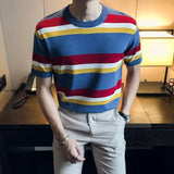 Vintage Knitted Striped T-shirts Mens Summer Casual Slim Fit O Neck Jumper Tops Men Short Sleeve Fashion Knit T Shirt Streetwear