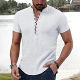 Men's Linen Cotton Short Sleeve T-shirt Solid Color  V-neck Button Tops Male Casual Clothing Trendy Dailywear Lightweight Tees