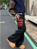 Y2K Streetwear Red Plaid Washed Black Baggy Cargo Jeans Pants For Men Clothing Straight Long Trousers Ropa Hombre
