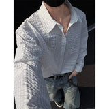 Black White Long-sleeved Shirt Men Fashion Social Mens Dress Shirt Korean Loose Casual bubble Shirts Mens summer trend