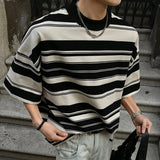 Summer New Male Striped T-shirt Half Turtleneck Loose Short Sleeve Contrast Color O-neck Pullover Male Tees 2025