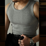 Casual Solid Knitted Tank Top Men Summer Fashion Ribbed Vest Mens Slim Fit Crew Neck Sleeveless Tops Man Clothes  Streetwear
