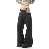Hip Hop Patchwork Straight Jeans Black High Street Pocket Pants Japanese Harajuku Fashion Casual Loose Mopping Wide-leg Jeans