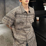 Mens Shirt Ethnic Geometric Totem Casual Shirt Summer Street Trend Retro Niche Hawaiian Short-Sleeve Top Men'S Clothing