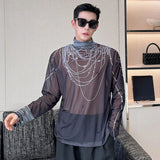 Men's T-shirt New Trendy Pearl Printing Contrast Color Stand Collar Baggy Male Long Sleeve Tops Niche Design Spring