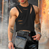 Men T Shirt Solid Color O-neck Short Sleeve Hollow Out Irregular Vests Streetwear Sexy Fashion Summer Men Clothing