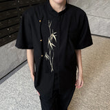 New Chinese Style Embroidery Short Sleeve Shirt Men Wear Bamboo Leaf Pattern Shoulder Pad Male Shirts Loose Fit