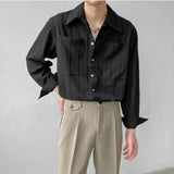 Pockets Mature Casual Shirts for Men Solid Colors Single Breasted Loose Summer Thin Hipster Temperament Korean Vetement Homme