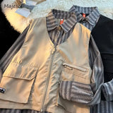 2 Pcs Shirts Men Japanese Style Vintage Striped Tops Casual Unisex Harajuku Cozy Fashion Long Sleeve Classic Рубашки Hombre