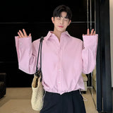Korean Style Men's Shirts Casual Solid Color Long Sleeve Turn-down Collar Male Loose Tops Drawstring New Trend Spring