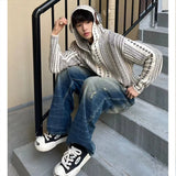 Men's Knitted Hooded Cardigan Casual Retro Graphics Print Long Sleeve Sweater Coats Light Luxury Chic Hollow Out Hoodies M-3XL