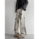 Baggy Beige Jeans Men Fashion Retro Leopard Print Jeans Men Streetwear Hip-hop Loose Wide Leg Jeans Mens Vintage Denim Pants