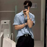 Summer Men's Clothing Luxury Denim Short-sleeved Pocket Shirt Leisure Button-down Korean Popular Streetwear Stylish