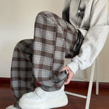 Autumn Woolen Pants Men Fashion Retro Casual Plaid Pants Men Streetwear Hip-hop Loose Wide Leg Pants Mens Vintage Trousers
