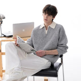 Men's Color-blocking Patchwork V-neck Sweater Light Luxury Knitted Long Sleeve Pullover Autumn Korean Trendy Male Clothing M-3XL