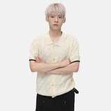 Niche Design Men's T-shirt Turn-down Collar Contrast Color Knitting Hollow Out Short Sleeve Single Breasted Male Tee
